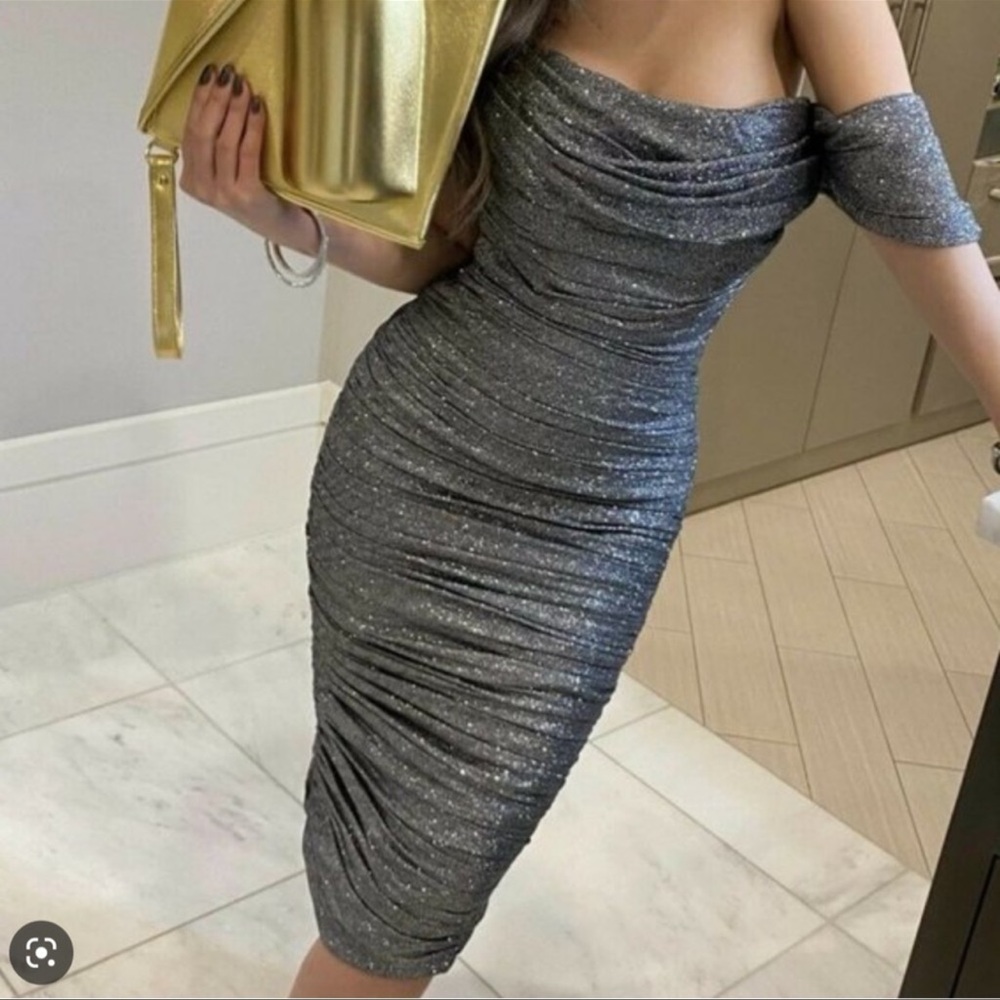 House of CB Silver Sparkle Off-Shoulder Midi Dress